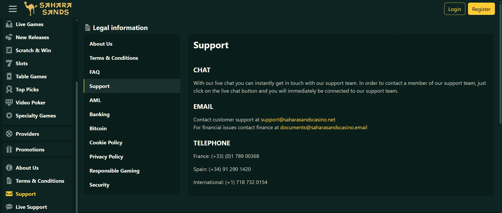Sahara Sands Casino support page