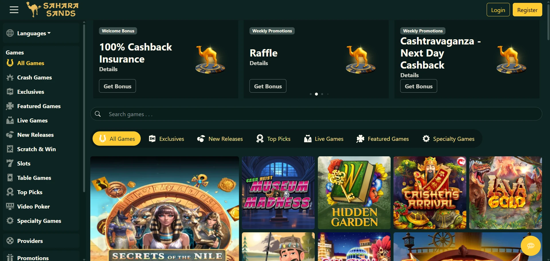Sahara Sands Casino home page on a first visit