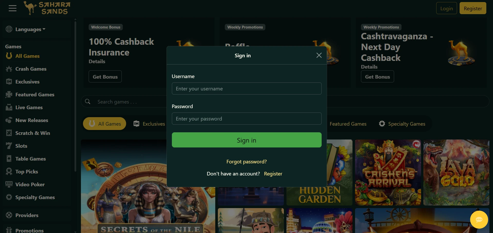 Sahara Sands Casino login form